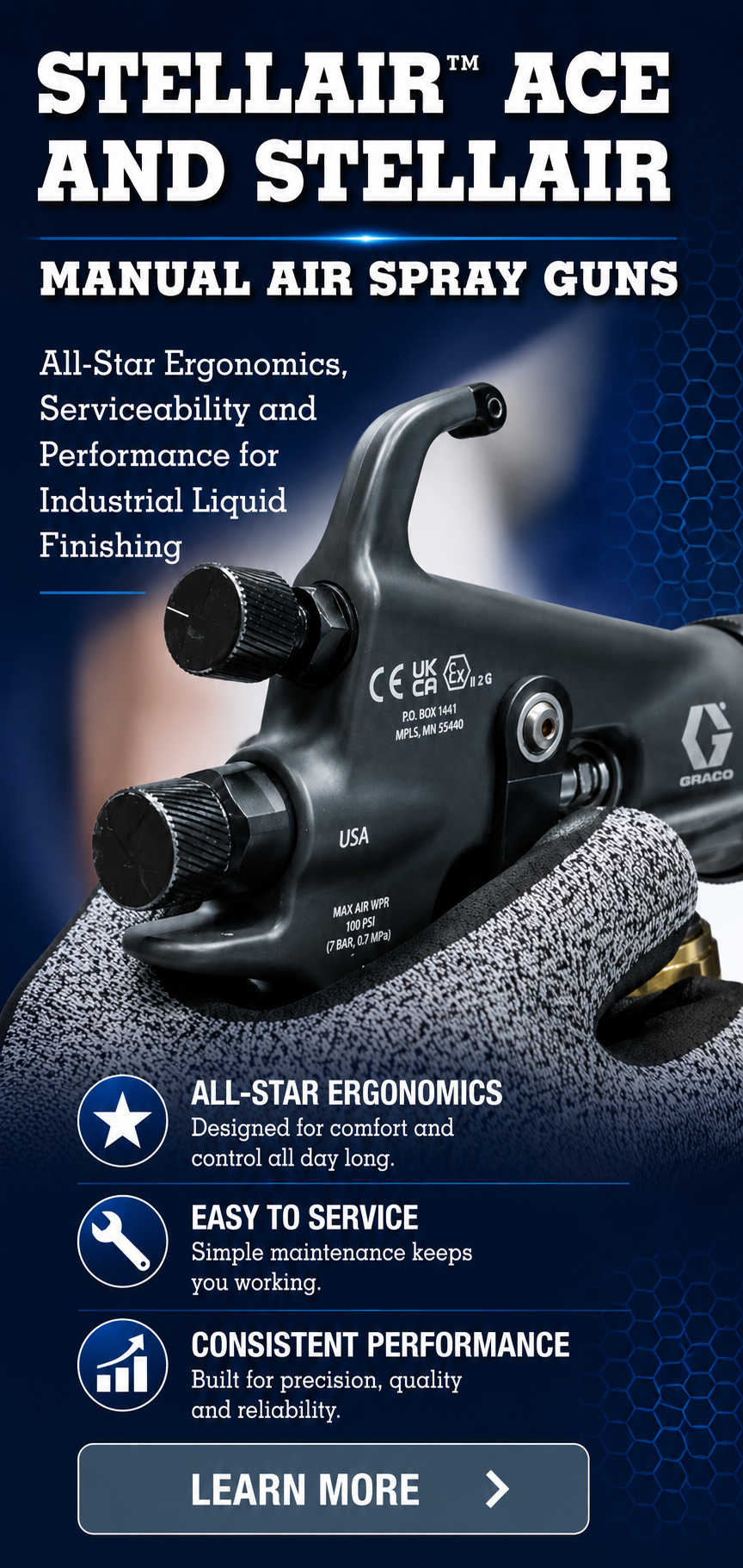 Stellair Ace & Stellair Manual Air Spray Guns. All-Star Ergonomics, Serviceability and Performance for Industrial Liquid Finishing