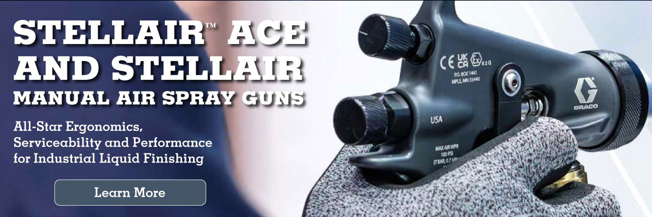 Stellair Ace & Stellair Manual Air Spray Guns. All-Star Ergonomics, Serviceability and Performance for Industrial Liquid Finishing